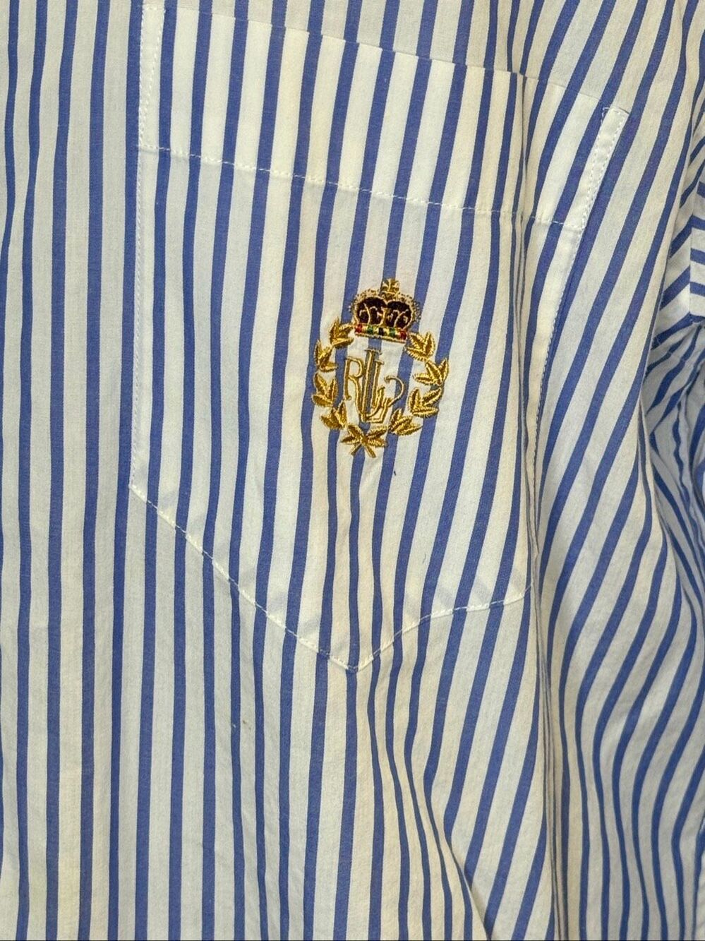 Lauren Ralph Lauren Vertical Stripe Button Front Blouse Large Vintage Crest - Picture 11 of 11